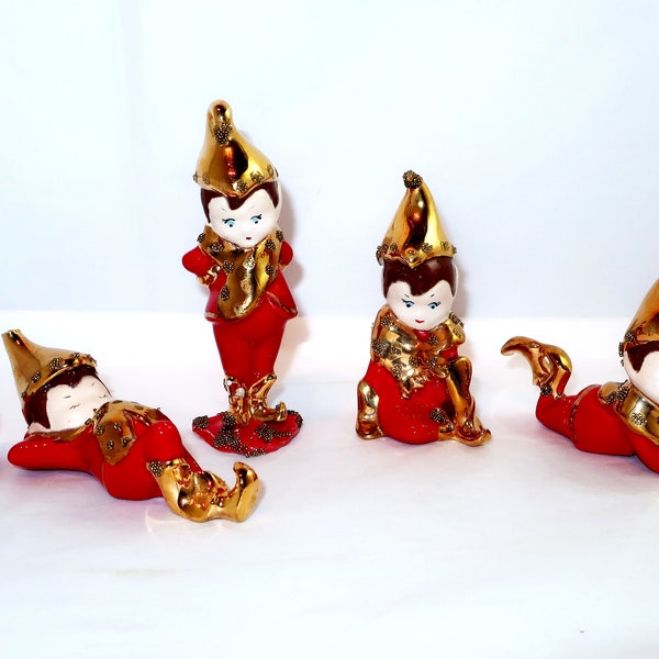 4 RED CERAMIC ELVES Pixies Miniature Hand Painted Figurines Set Gold Venetian Dew Vintage Christmas Village Decor Elf Collector Lover Gift