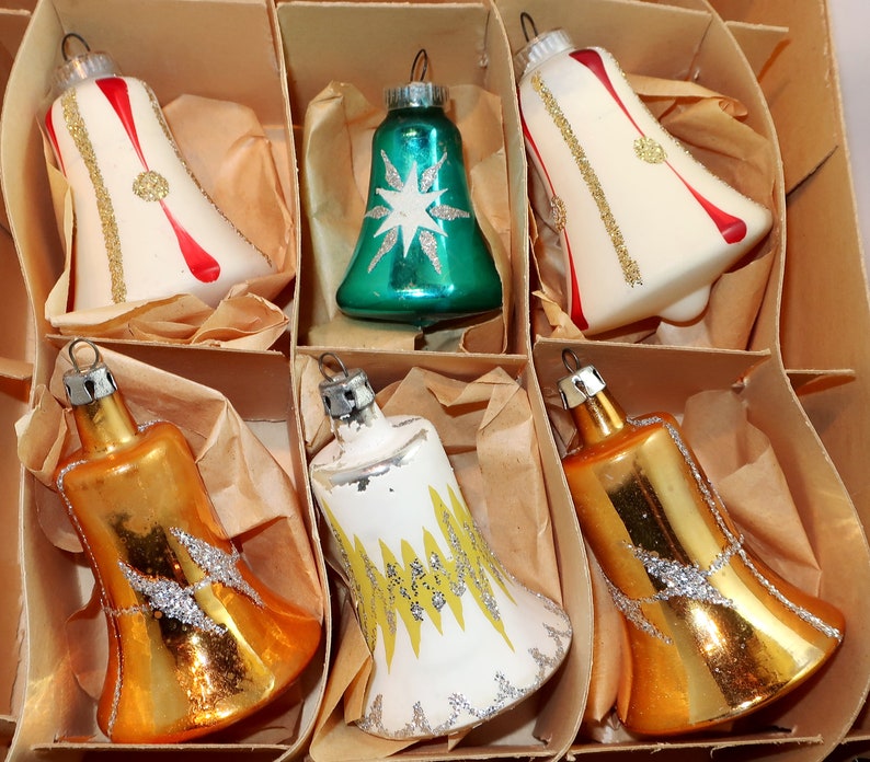 6 BLOWN GLASS BELL Christmas Vintage Ornament Set White Frit Mica Gold Blue Red Ww2 Era Plastic Cap Austria Poland Collector Bauble Gift