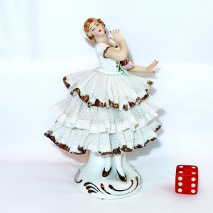 DRESDEN LACE BALLERINA Elegant Woman in Gold White Ball Gown Germany Vintage 4.5in Miniature Figurine Porcelain Germany Collector Lover Gift