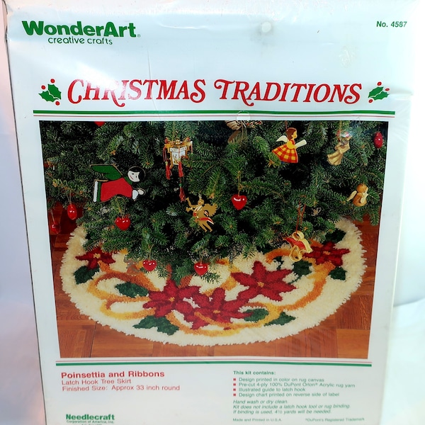 POINSETTIA and RIBBONS Latch Hook 33 inch NIB Christmas Tree Skirt Kit 4587 by WonderArt Creative Crafts DiY Do It Yourself Craft Lover Gift