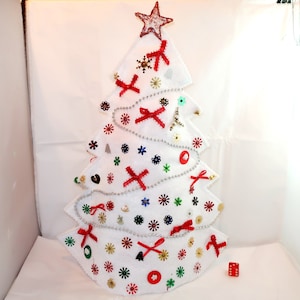 16&quot;H JEWELED BEADED SEQUIN Sparkling White Felt Christmas Tree Silver Ball Garland Red Bows Vintage Unique Hand Crafted Collector Lover Gift