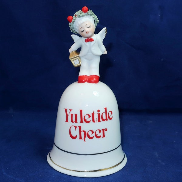 NAPCO YULETIDE CHEER Angel Bell Miniature Spaghetti Trim Hat Blond Boy & Lantern Handle Porcelain Ceramic Vintage Napcoware Lover Gift