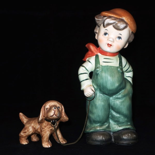 BOY WiTH SPANIEL DOG on a Chain Leash Figurine Green Overalls Vintage Hand Painted Japan Lipper and Mann Ceramic Animal Collector Lover Gift