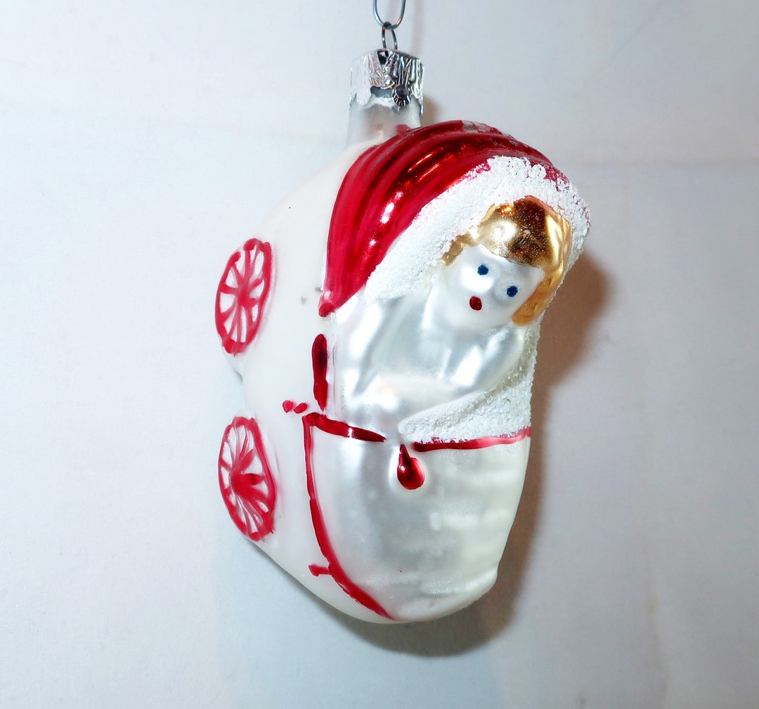 BABY CARRIAGE BUGGY Holding Rattle Vintage Christmas Ornament Blown ...