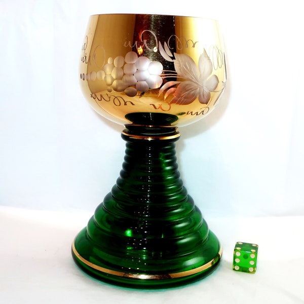 MUSiCAL ROEMER WINE GOBLET Gold With Etched Glass Grape and Leaf Design Wind Up Green Stacked Stem 6in Drinker Germany Collector Lover Gift