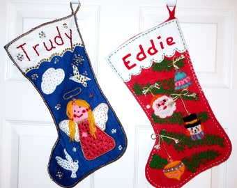 COMPLETED FELT STOCKINGS CHOoSE Applique Jeweled Angel Or Crewel Yuletide Ornaments Embroidered Beaded Sequin Christmas Stockings Lover Gift