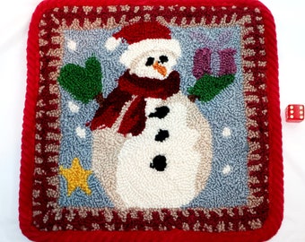 CHRISTMAS SNOWMAN TRIVET Hot Pad Holding a Gift Punch Needle Style Wool Yarn With Red Velvety Corduroy Backing Vintage Collector Lover Gift