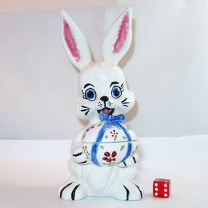 WHITE BUNNY RABBIT Holding a Decorated Easter Egg Ceramic Figurine Vintage Hand Painted Crafted Cute Cottontail Easter Lover Unique Gift