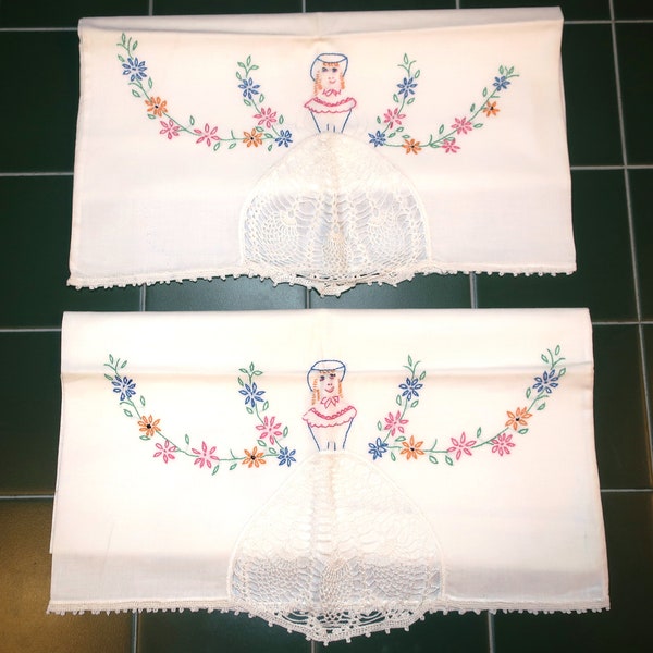 Hand TATTED & EMBROIDERED PILLOWCASE Vintage Linen Set Crocheted Pink Southern Belle Lady Lacy Gown Pair of 2 King Size Elegant Lace Gift