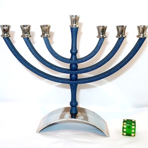 KARSHI CHANUKIAH Hanukiah 5.5"H 7 Branch Cobalt Blue and Silver Plate Jerusalem Menorah Hanukkah Hebrew Judaica Religious Collect Lover Gift