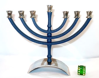 KARSHI CHANUKIAH Hanukiah 5.5"H 7 Branch Cobalt Blue and Silver Plate Jerusalem Menorah Hanukkah Hebrew Judaica Religious Collect Lover Gift