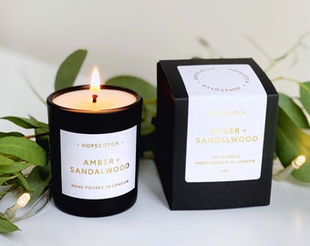 Amber + Sandalwood Scented Candle — Limited Edition Vegan Soy Hopscotch Candle — Perfect Miss you gift, Gift for Her