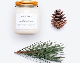 Cedar + Pine Scented Candle — Hopscotch Candle — Home Decor Soy Candle — Perfect Gift for Her, Wedding Gift, Gift for Mum or Thank You Gift