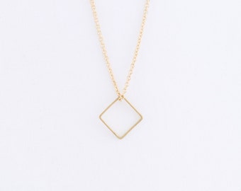 Brass Diamond Outline Necklace on a 14k Gold Filled Chain — minimal geometric necklace