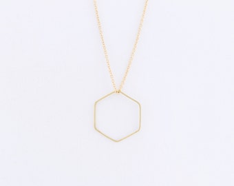 Brass Hexagon Outline Necklace on a 14k Gold Filled Chain — minimal geometric necklace