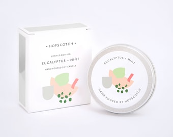 Eucalyptus + Mint Scented Candle — Limited Edition Vegan Soy Hopscotch Candle — Perfect Stocking Filler, Christmas Candle, Gift for Her