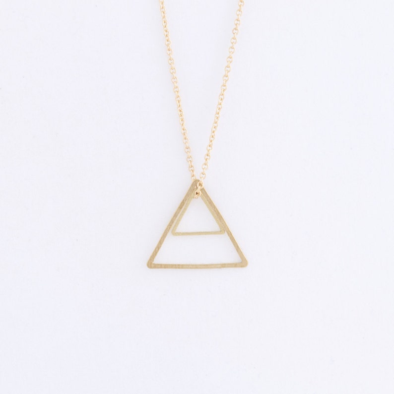 Double Triangle Necklace brass on a 14k Gold Filled Chain minimal geometric necklace image 1