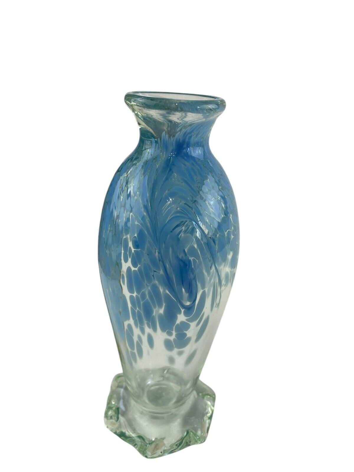 アートガラス 手吹き ブルー 斑点 スプラッター バッド 花瓶 7 1/2