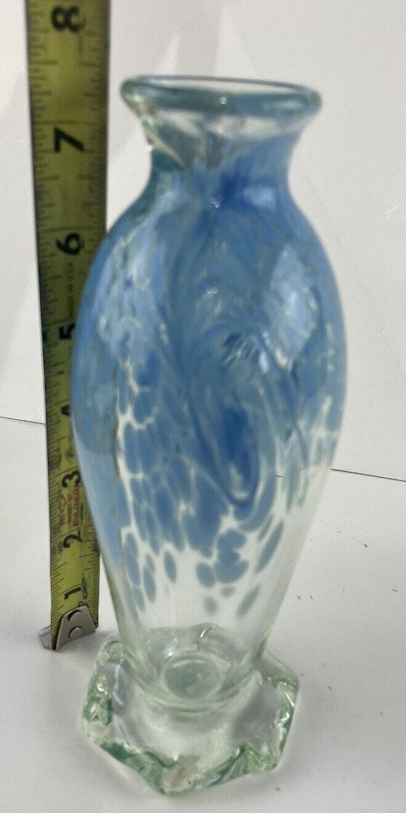 アートガラス 手吹き ブルー 斑点 スプラッター バッド 花瓶 7 1/2