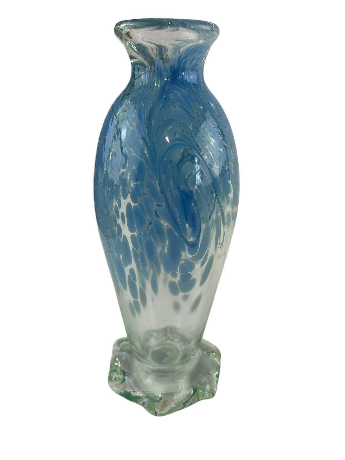 スプラッター模様 ガラス花瓶 アートガラス 手吹き ブルー 斑点 スプラッター バッド 花瓶 7 1/2