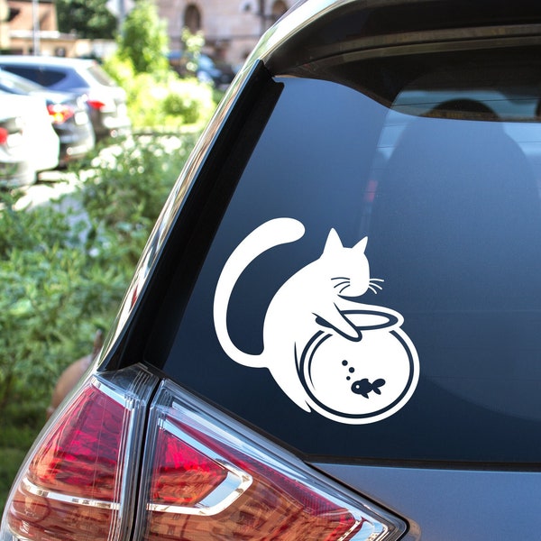 Naughty Cat and Fishbowl - Calcomanía de vinilo para coche - Calcomanía para ventana - Calcomanía para ordenador portátil - Pegatina de vinilo