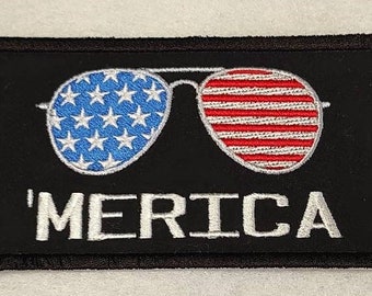 Merica Aviator Sunglass Embroidery Patch, Iron on or Sew On, American Flag, Apparel Embellishment, MADE to ORDER, Custom Colors Available