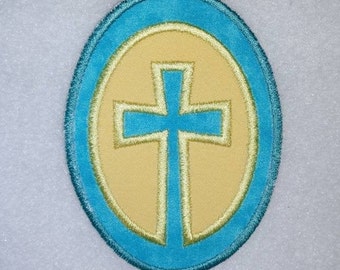 Oval Cross Iron On or Sew On Embroidered Patch Applique MADE to ORDER Other Color Options Available