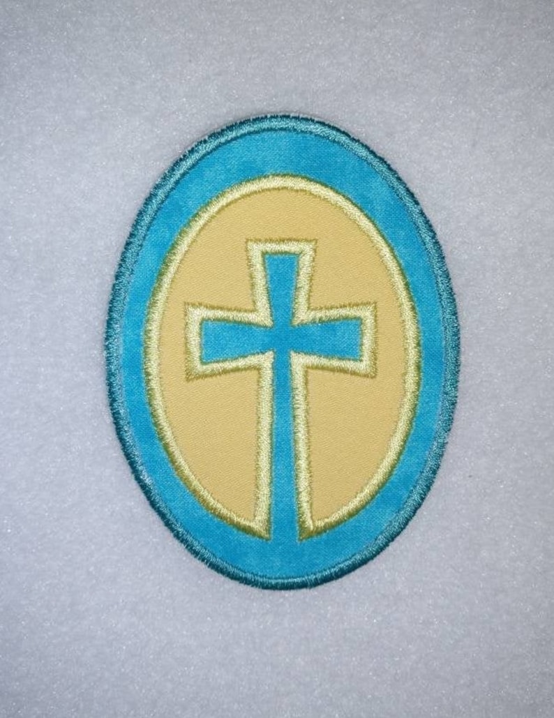 Oval Cross Iron On or Sew On Embroidered Patch Applique MADE to ORDER Other Color Options Available image 1