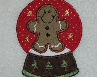 Gingerbread Man Snow Globe Embroidery Applique Patch, Iron On or Sew On, MADE To ORDER, Holiday Decal Embellishment, 2 Size Options