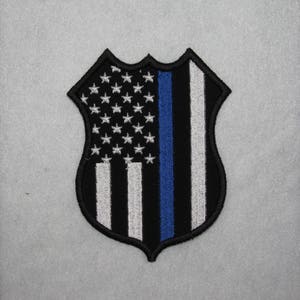Iron On Applique - Thin Blue Line Police Shield Flag Patch - Law Enforcement Support - Iron On Decal MADE To ORDER Custom