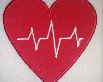 Iron On Heartbeat Heart Embroidery Patch Applique.  Sew On Available.  Thank a Nurse, Thank a Doctor, Frontline Craft DIY.  Fast Shipping.