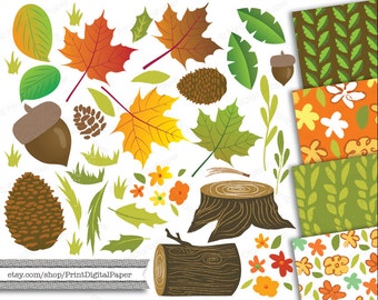 INSTANT DOWNLOAD commercial use clip art Leaves pine cone autumn fall foliage leaf tree grass vector graphics patterned papers scrapbooking