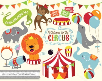 Cute Baby Circus Digital Clip Art Download illutrated graphic clipart seal lion circus tent cannon bunting flags banner elephant balloons