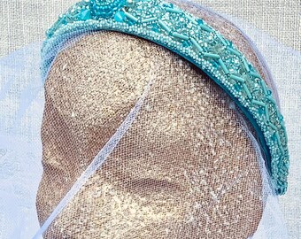 Aqua Blue Bead Embroidered Velvet Alice Headband