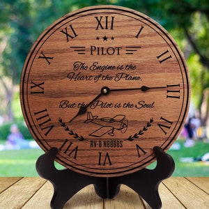 Personalized Pilot Gift: Engraved Wooden Airplane Clock