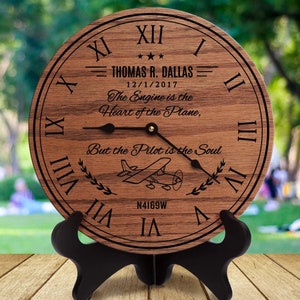 Personalized Pilot Gift: Engraved Wood Clock, Airplane Decor