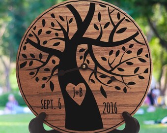 Personalized Tree Carved Initials Clock: Engraved Oak or Maple, Couples Gift