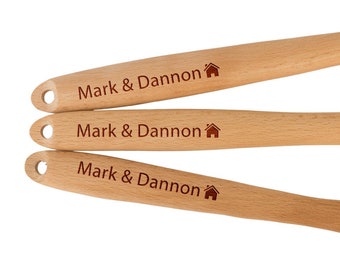 Personalized Real Estate Housewarming Kitchen Utensil 3 Piece Set - Custom Engraved Wooden Housewarming Gift - Spoon Fork Stirrer 13in Long