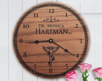Personalized Doctor Gift: Engraved Custom Clock with Caduceus