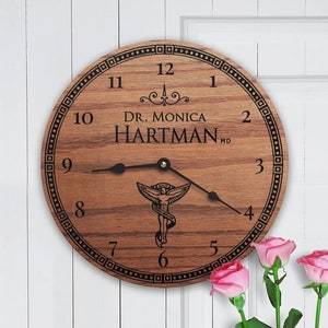 Personalized Doctor Gift: Engraved Wood Clock with Caduceus
