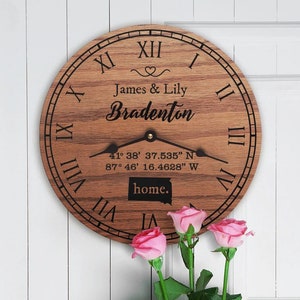 Op de afbeelding: Een houten klok met Romeinse cijfers en een gepersonaliseerde inscriptie. De inscriptie luidt "James & Lily Bradenton 41° 38' 37.535" N 87° 46' 16.4628" W home."