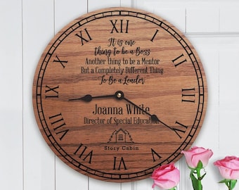 Personalized Oak Boss Clock: Engraved Leadership Quote, Retirement Gift