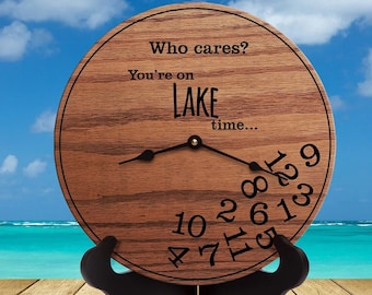 Funny Lake Time Clock: Engraved Wood Cabin Decor