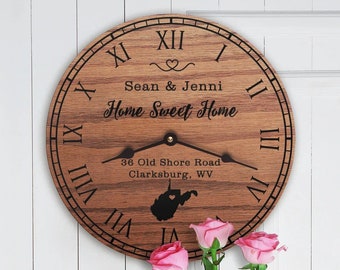 Personalized West Virginia State Map Clock – Engraved Oak Housewarming Gift