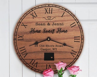 Wyoming State Map Clock: Engraved Wood, New Home Gift