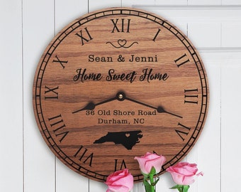 Engraved North Carolina Map Clock – Oak Housewarming Gift