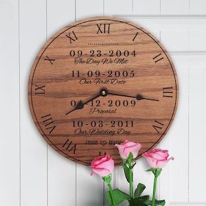 May include: A wooden clock with Roman numerals and a brown background. The clock face has engraved dates and text: "09-23-2004 The Day We Met", "11-09-2005 Our First Date", "04-12-2009 Proposal", "10-03-2011 Our Wedding Day", "Jason Marley".