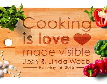 Personalized Cooking is Love Made Visible Custom Wedding Anniversary Cutting Chopping Board Couples Gift Bamboo or Beechwood Large Size