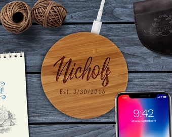 iPhone X, iPhone 8, Galaxy S7, S8, Note 6, Samsung Note 8 Personalized Qi Wireless Bamboo Charger Custom Engraved Choose Your Shape
