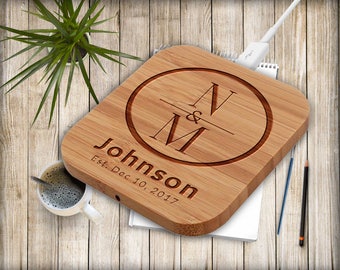 Personalized iPhone X, iPhone 8, Galaxy S7, S8, Note 6, Samsung Note 8 Qi Wireless Bamboo Charger Custom Engraved Choose Your Shape